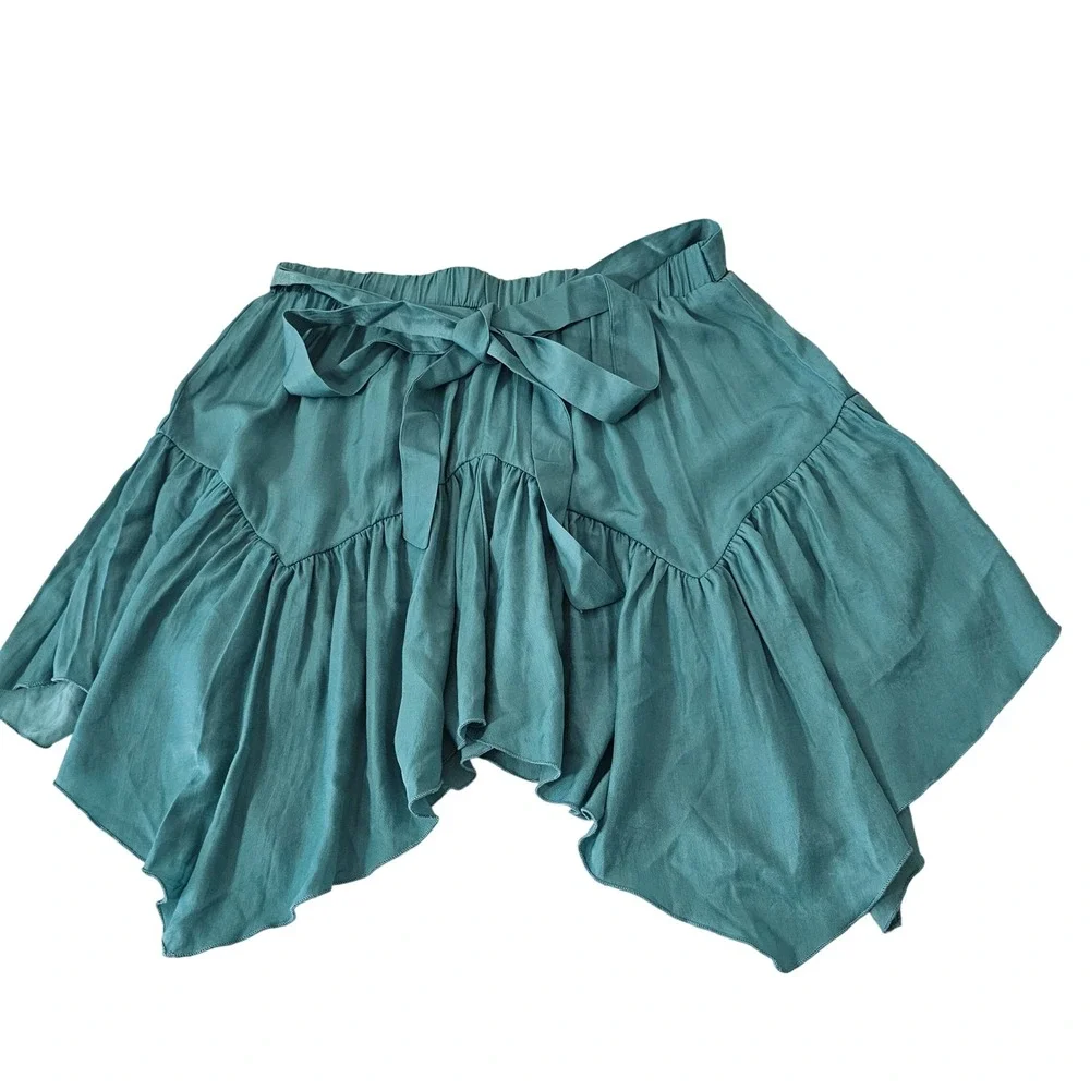 Halara Handkerchief Hem Mini Skirt Large Teal Green Fairycore Ruffle Tie Waist